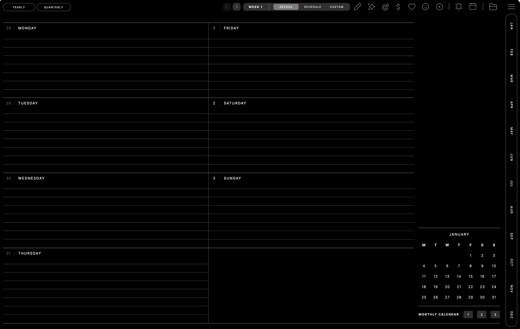 Classic weekly agenda, Landscape · Dark