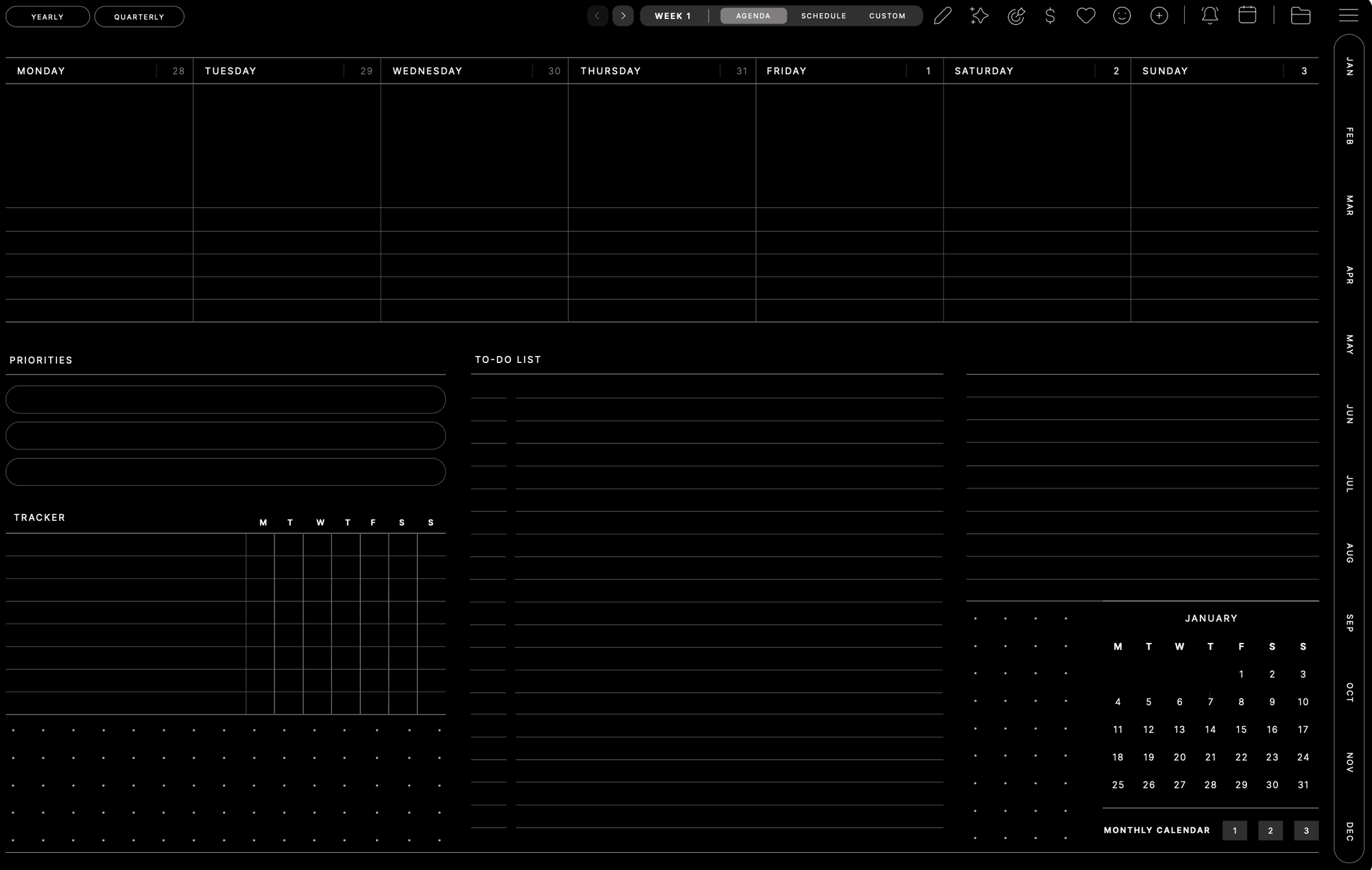 Dashboard weekly agenda, Landscape · Dark