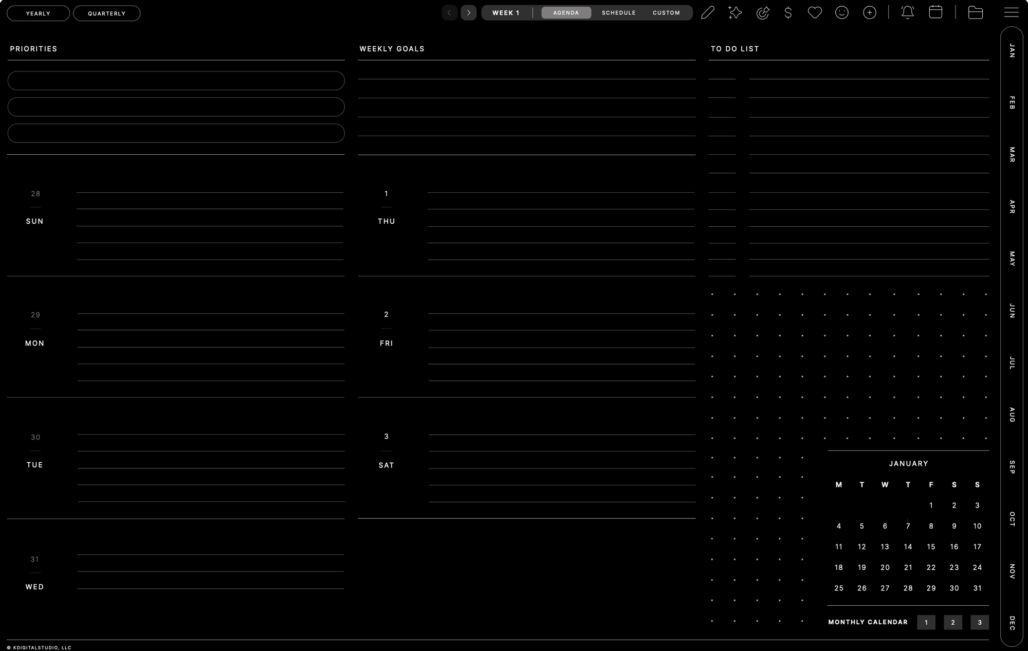 Tasks weekly agenda, Landscape · Dark